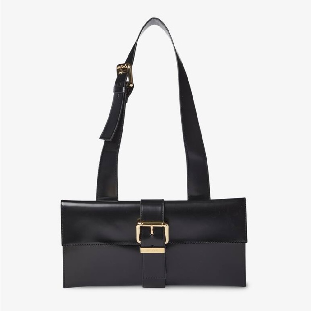 BY FAR Carol Buckle Detail Shoulder Bag in Glossy Black Leather